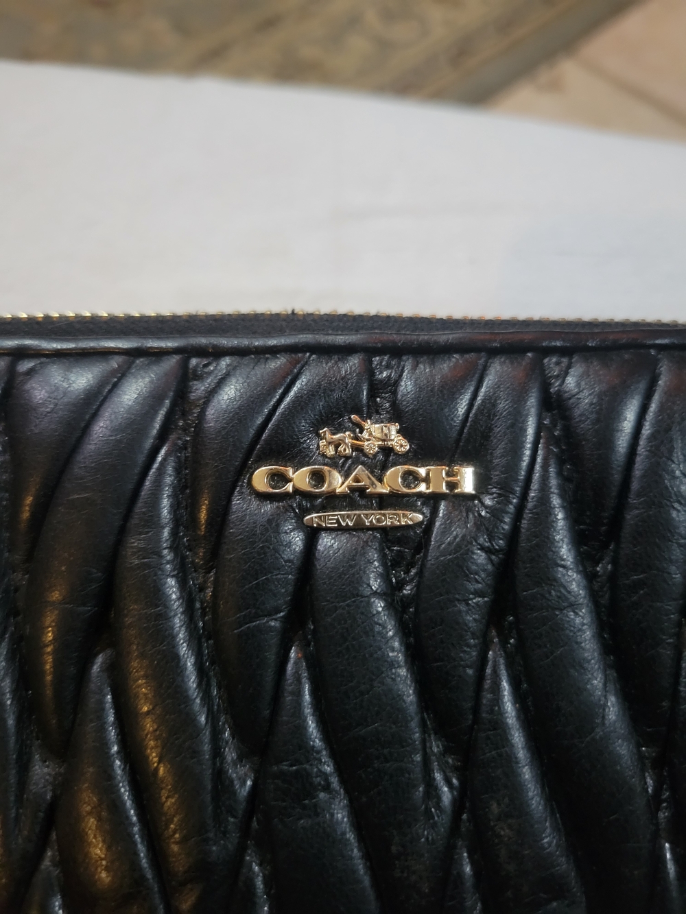 Coach Black Quilted Leather Zip Wallet with Gold Logo